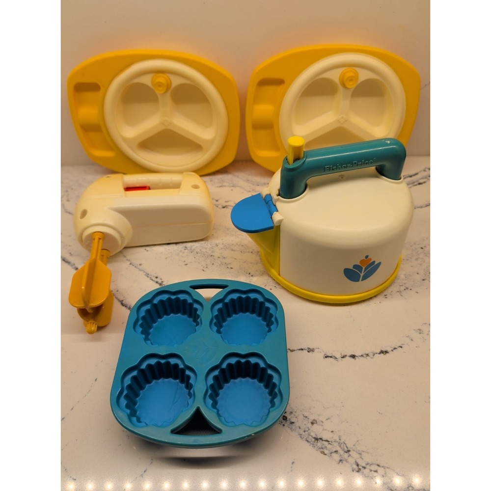 Fisher Price Fun with Food Lot Whistling Tea Kettle Mixer Baby Plates Muffin Tin